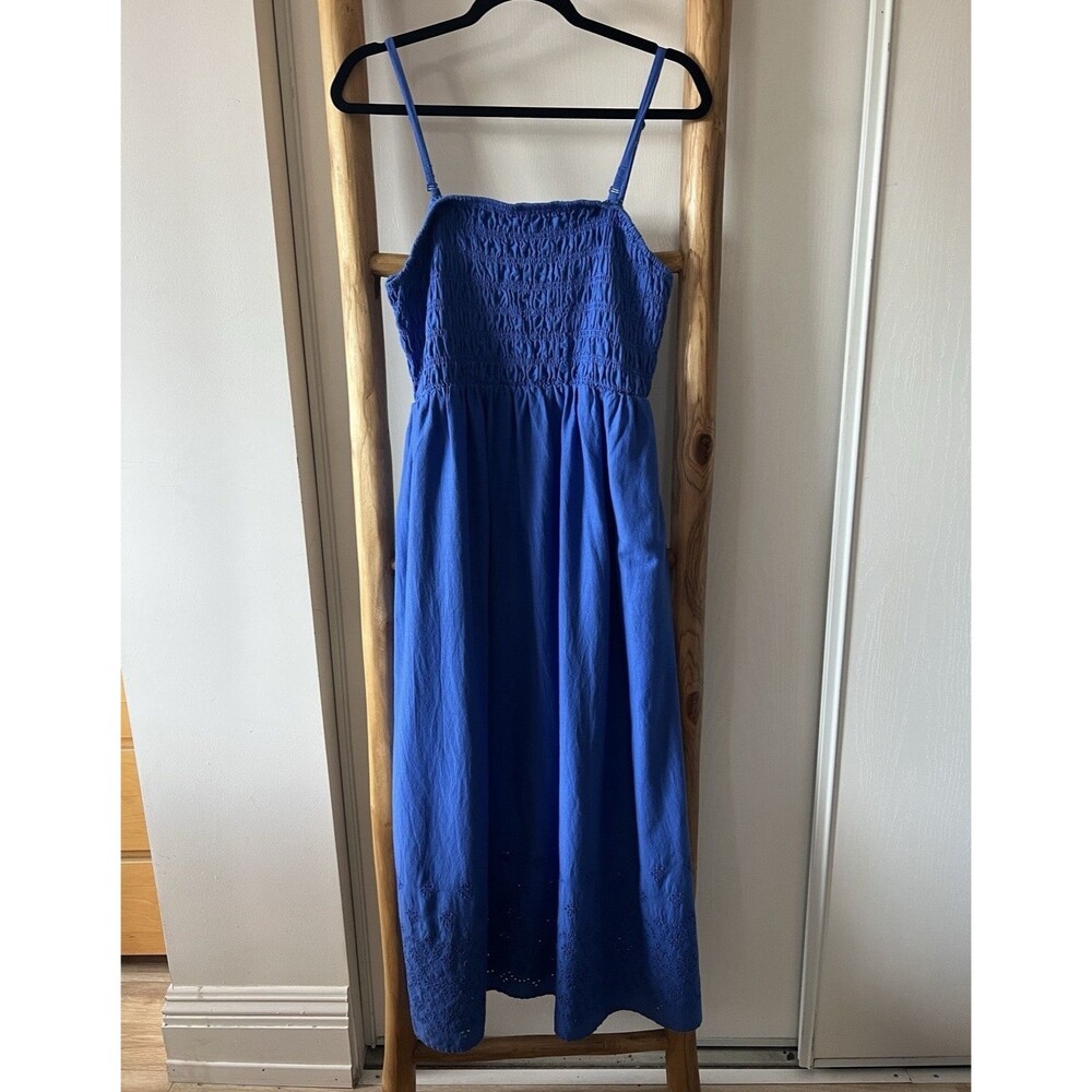 Old Navy Womens Blue Cotton Eyelet Smocked Square Neck Strappy Midi Dress L